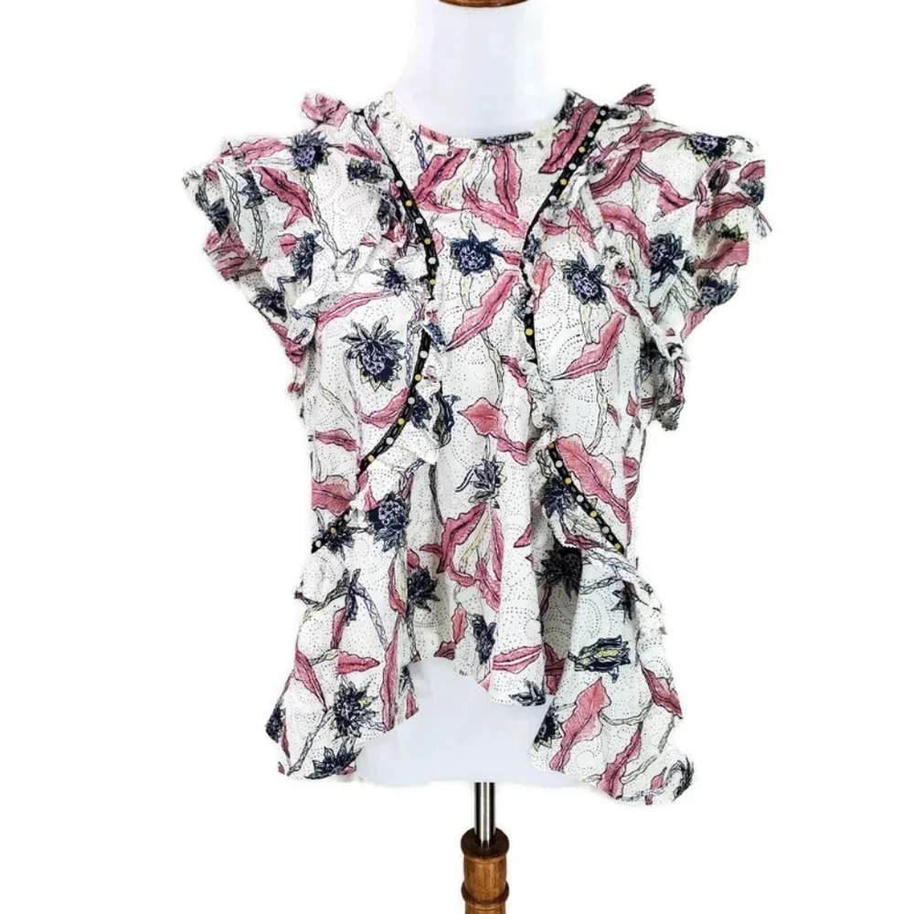 ISABEL MARANT 40 Unice Floral Print Ruffled Top Pink White Black Blouse Ecru - Picture 7 of 16